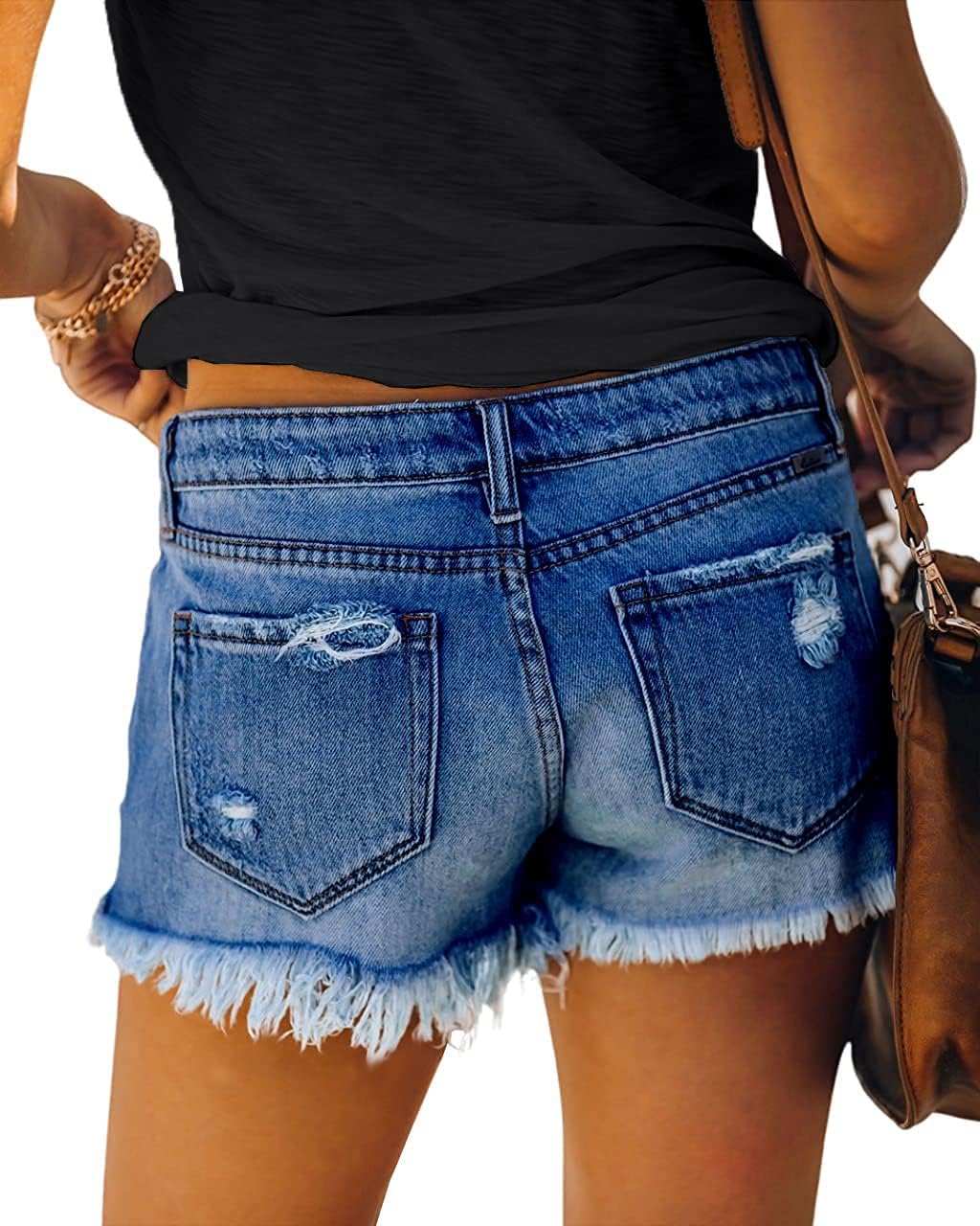 cordat Women's Mid Rise Ripped Stretchy Jeans Shorts Frayed Raw Hem Casual Denim Shorts