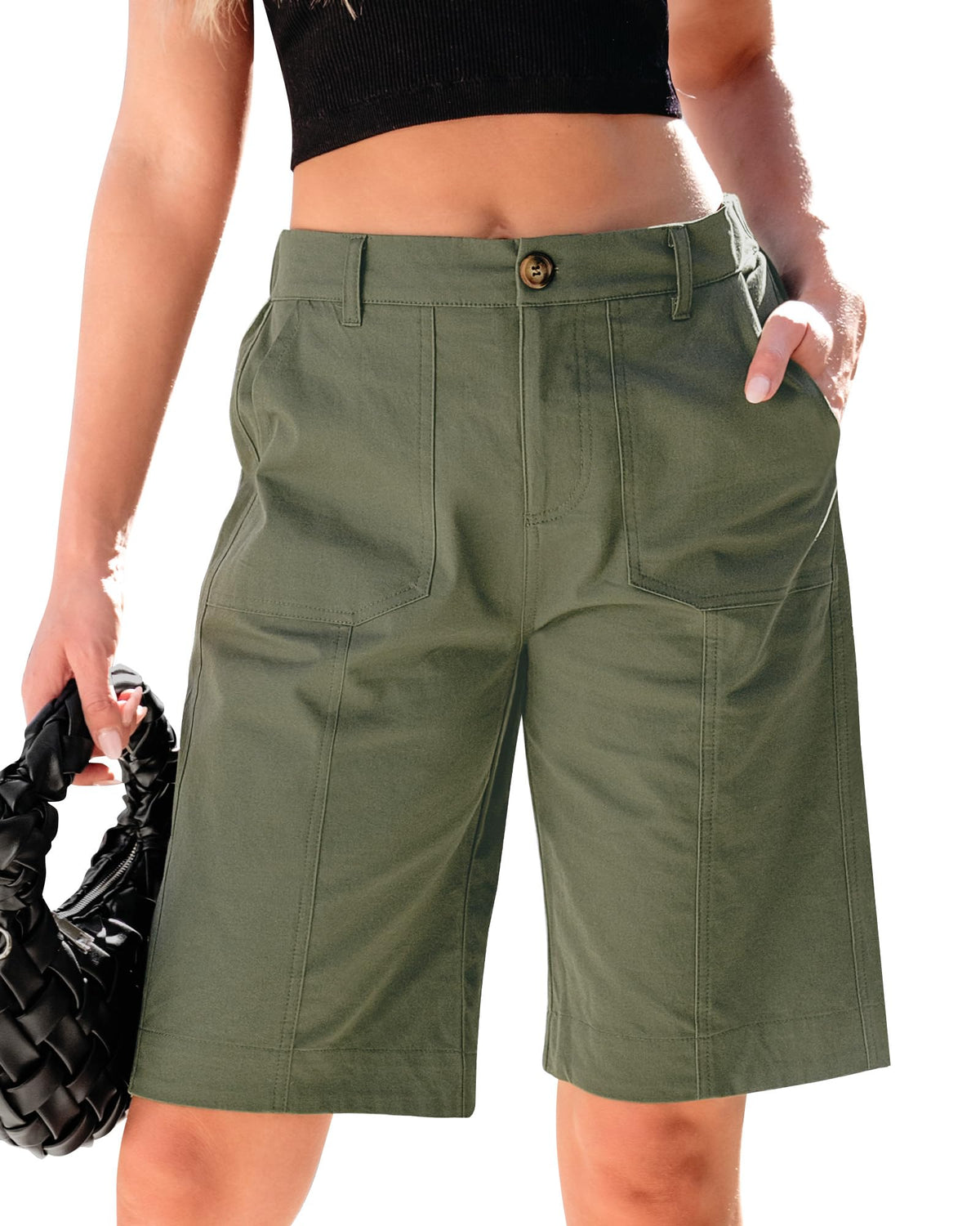luvamia Bermuda Shorts for Women Knee Length High Waisted Cotton Elastic Waist Summer Dressy Casual Long Chino Shorts