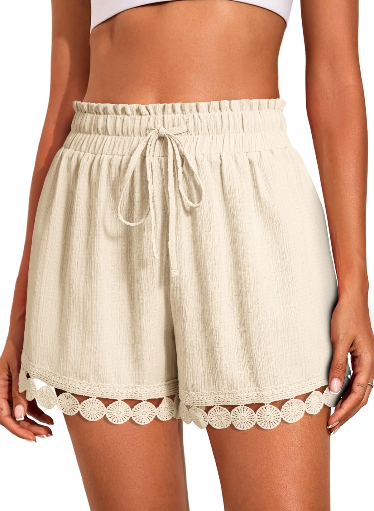 Dokotoo Womens Shorts Summer Casual Loose Elastic Waist Drawstring Lace Boho Beach Cover Up Shorts