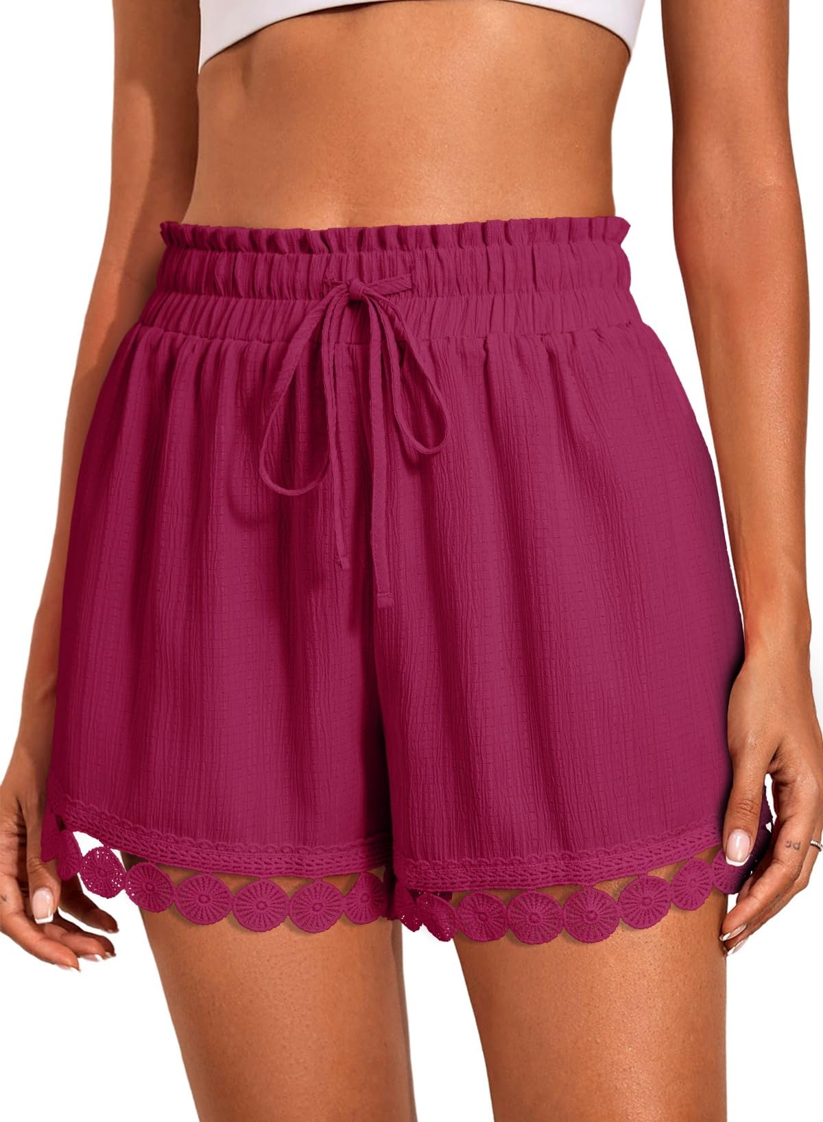 Dokotoo Womens Shorts Summer Casual Loose Elastic Waist Drawstring Lace Boho Beach Cover Up Shorts