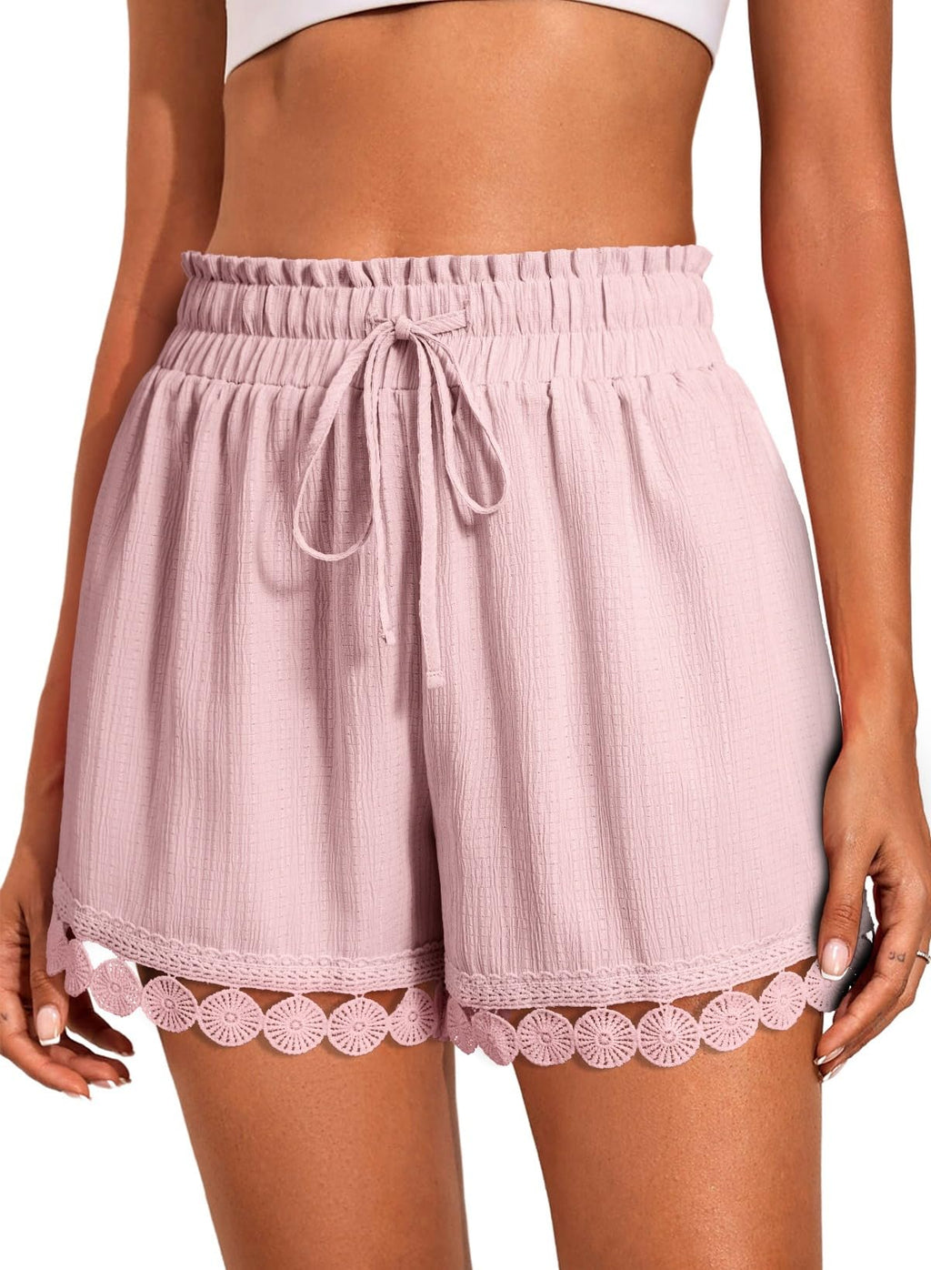 Dokotoo Womens Shorts Summer Casual Loose Elastic Waist Drawstring Lace Boho Beach Cover Up Shorts