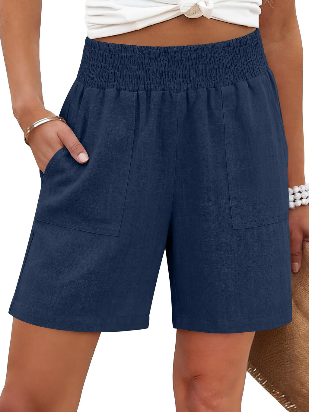 ANRABESS Linen Shorts for Women Casual Summer High Waisted Wide Leg Lounge Beach Vacation Shorts with Pockets