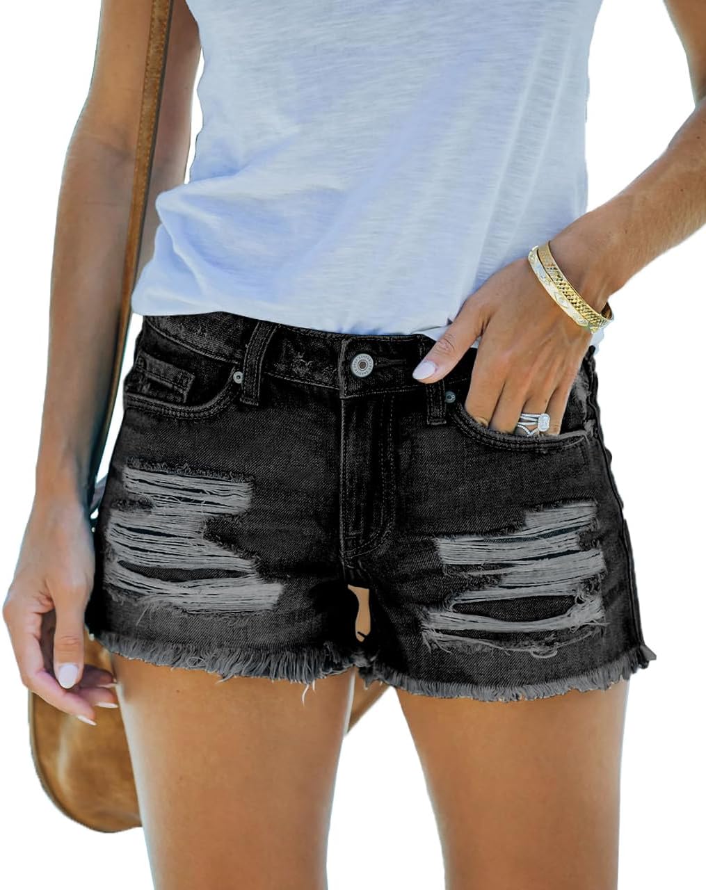 cordat Women's Mid Rise Ripped Stretchy Jeans Shorts Frayed Raw Hem Casual Denim Shorts