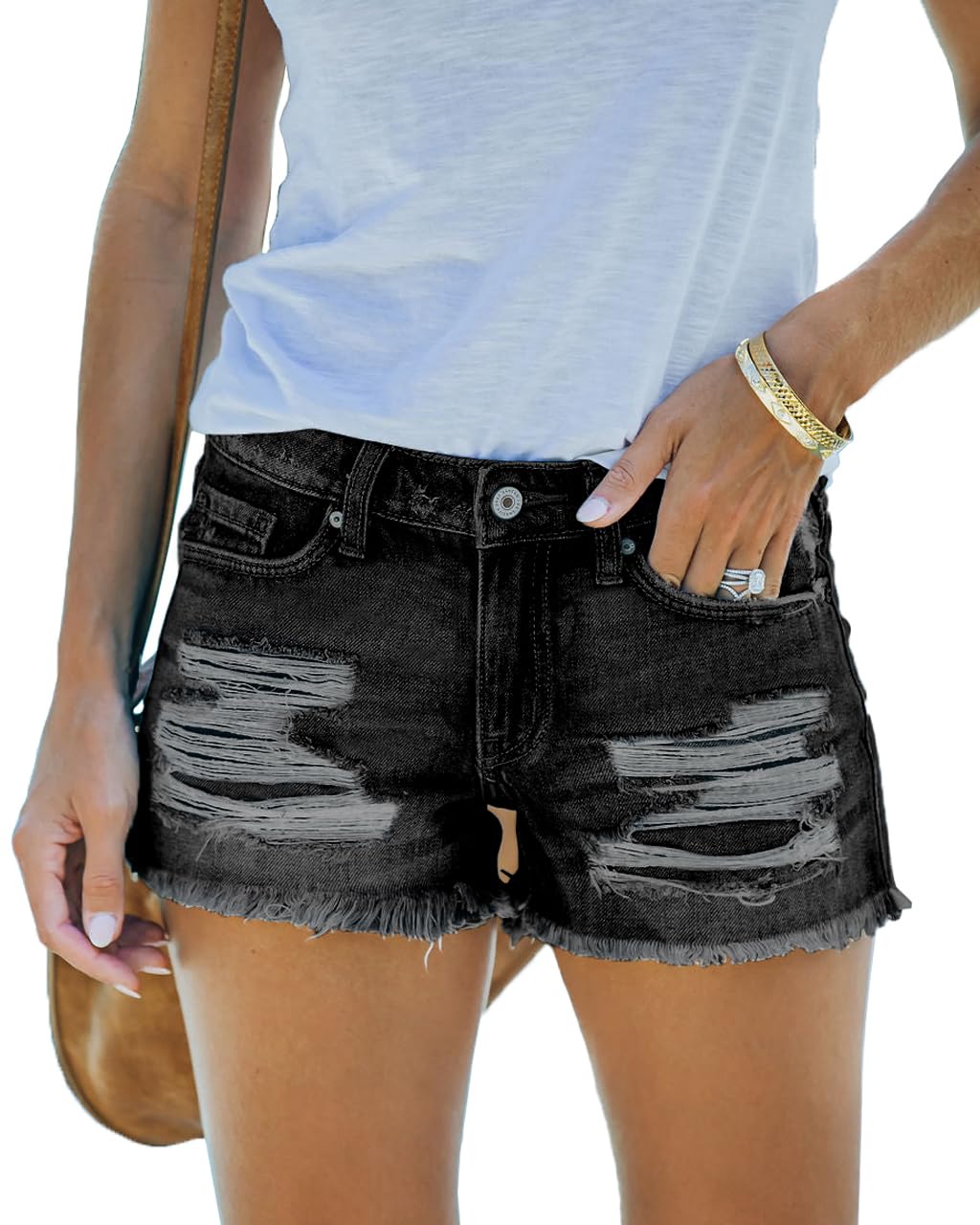 cordat Women's Mid Rise Ripped Stretchy Jeans Shorts Frayed Raw Hem Casual Denim Shorts