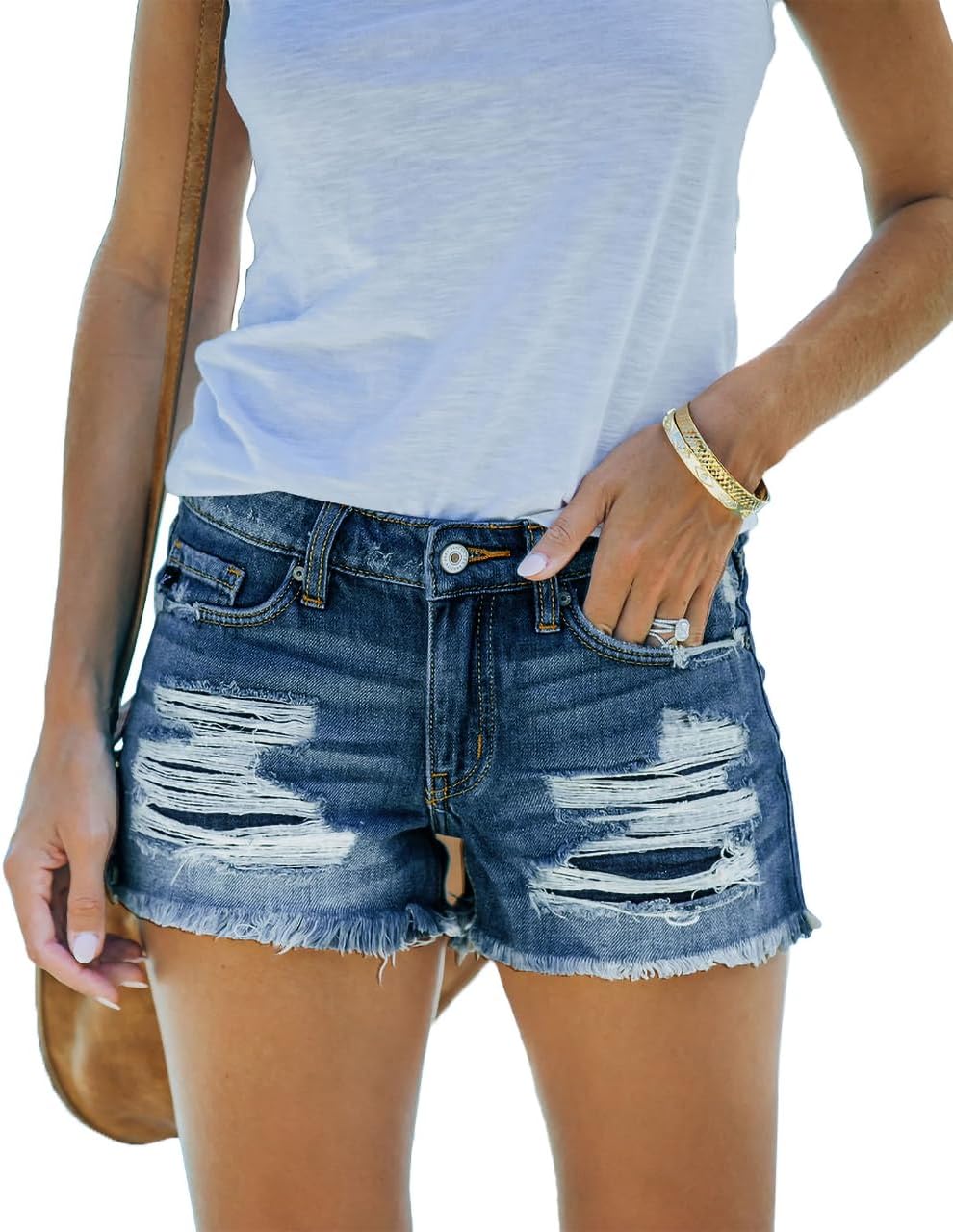 cordat Women's Mid Rise Ripped Stretchy Jeans Shorts Frayed Raw Hem Casual Denim Shorts