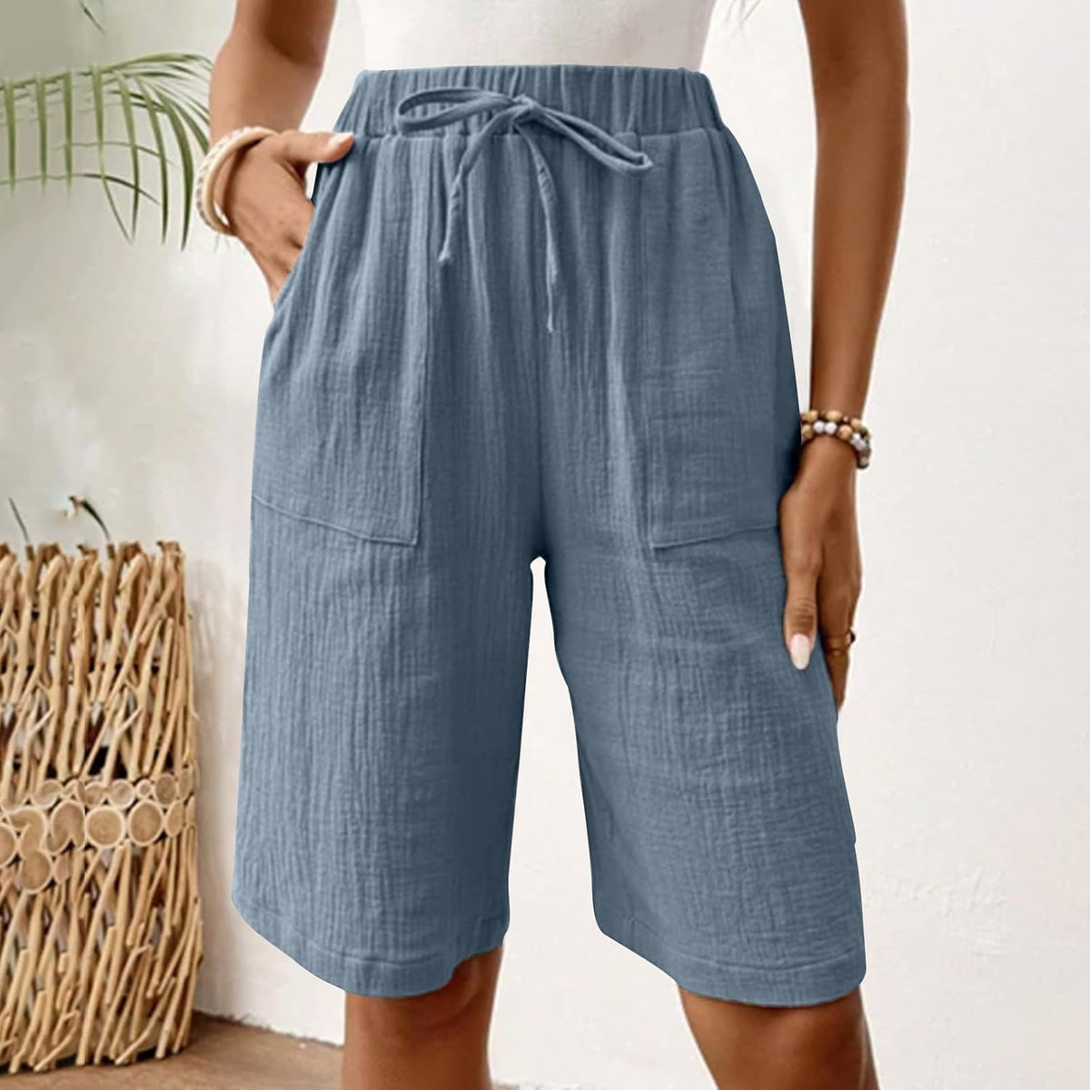 Cotton Linen Shorts for Women Knee Length Drawstring Bermuda Shorts with Pockets Summer Casual Baggy Wide Leg Outfits