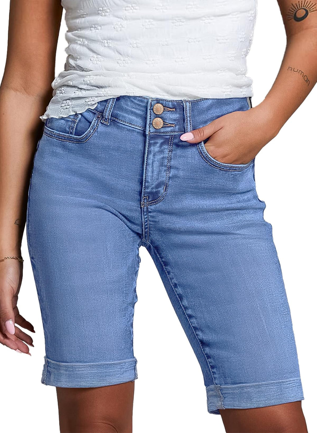 Sidefeel Women's Jean Shorts High Waisted Stretchy Bermuda Folded Hem Denim Summer Shorts