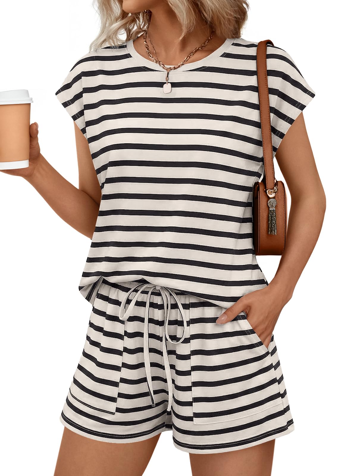 AUTOMET Womens Crew Neck Two Piece Short Sets Cap Sleeve Drawstring Summer Sweatsuit with Pocket