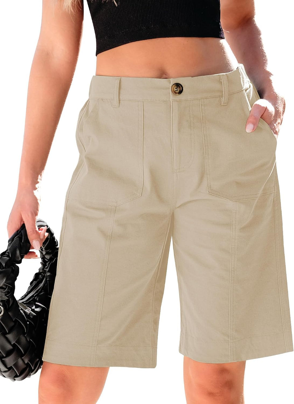 luvamia Bermuda Shorts for Women Knee Length High Waisted Cotton Elastic Waist Summer Dressy Casual Long Chino Shorts