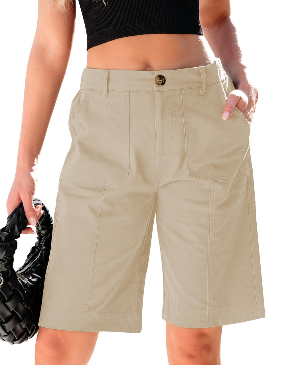 luvamia Bermuda Shorts for Women Knee Length High Waisted Cotton Elastic Waist Summer Dressy Casual Long Chino Shorts