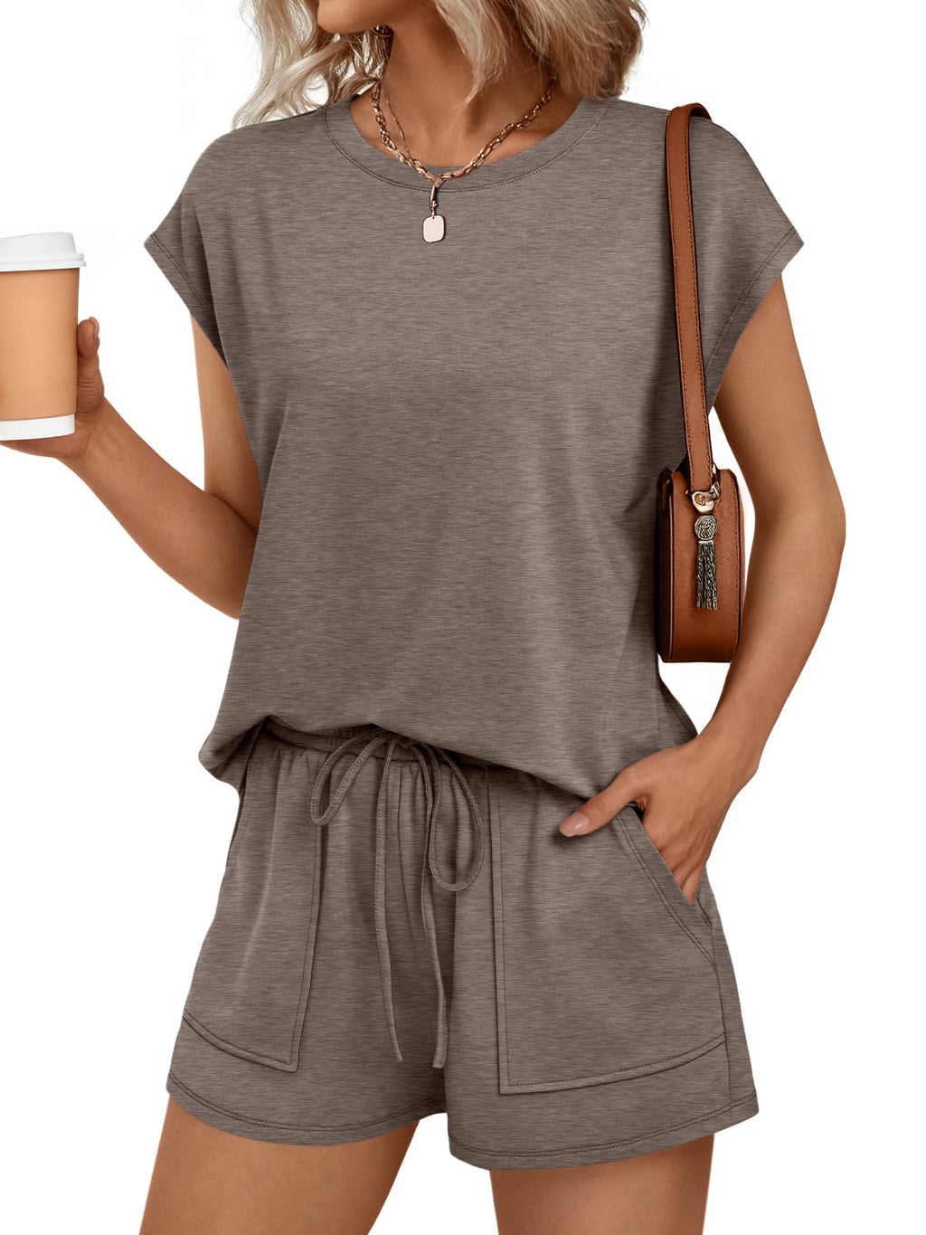 AUTOMET Womens Crew Neck Two Piece Short Sets Cap Sleeve Drawstring Summer Sweatsuit with Pocket