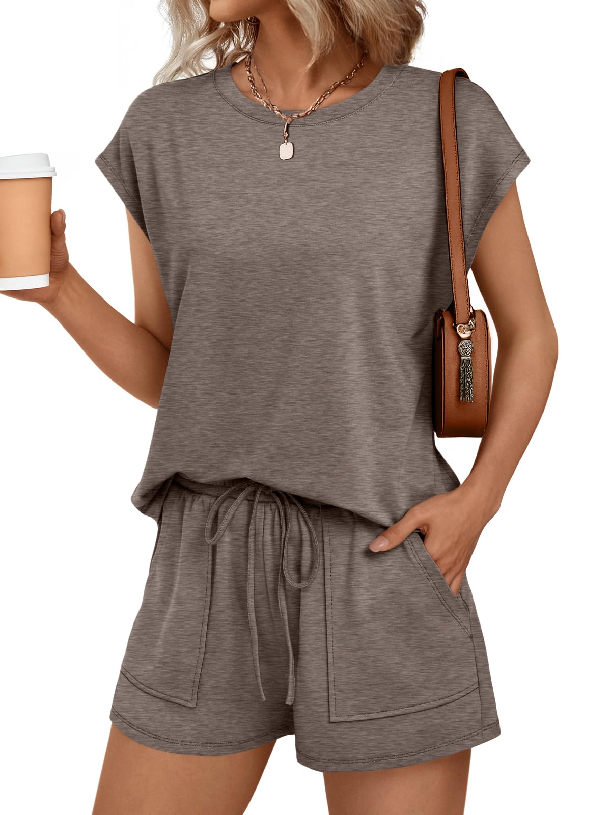 AUTOMET Womens Crew Neck Two Piece Short Sets Cap Sleeve Drawstring Summer Sweatsuit with Pocket