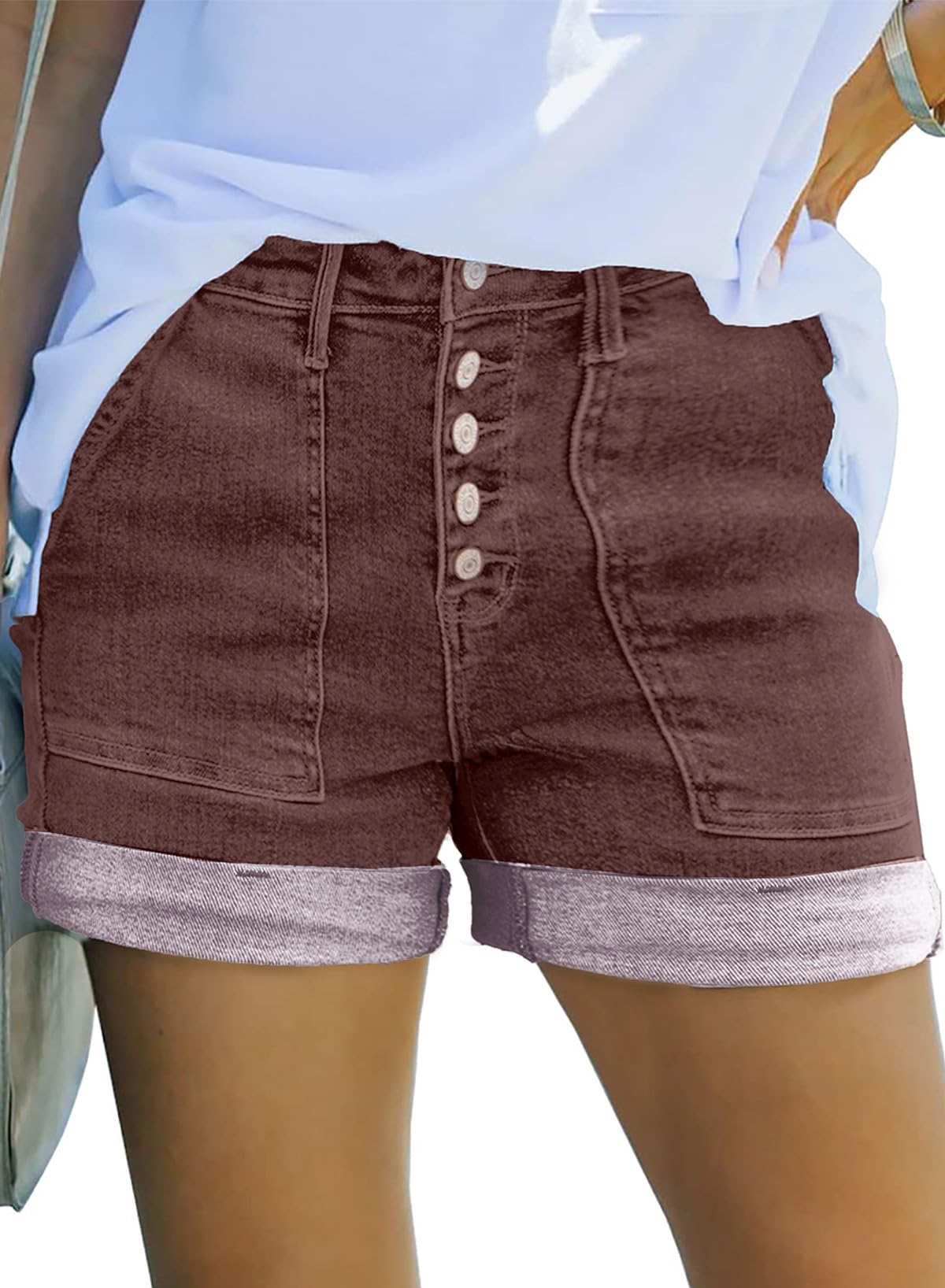 Sidefeel Womens Jean Shorts High Waisted Stretchy Buttoned Folded Hem Zimbaplatinum Denim Shorts