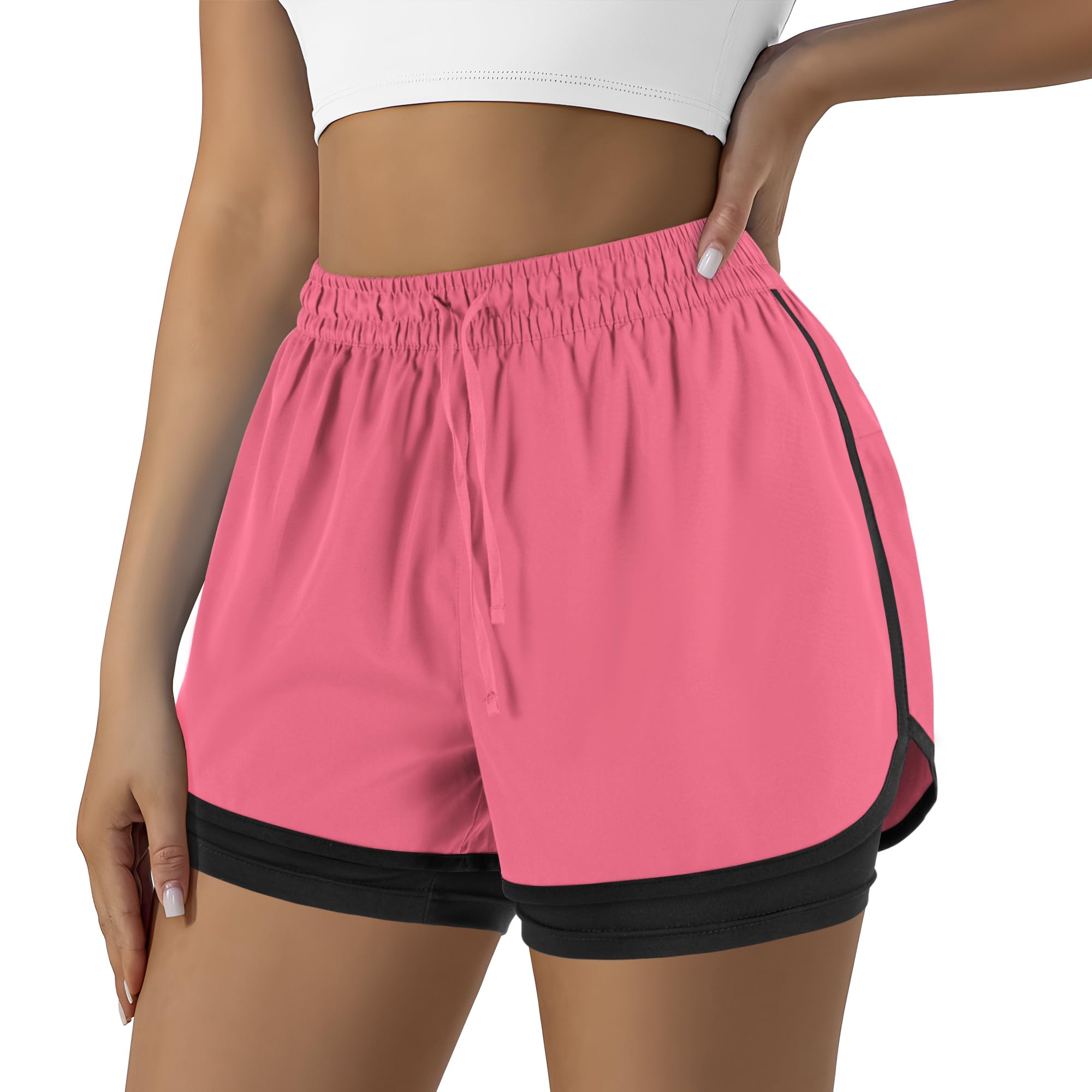 Yevrimow Women's 2 in 1 Running Shorts for Gym Yoga Workout Athletic Shorts High-Waisted Shorts with Liner Pockets