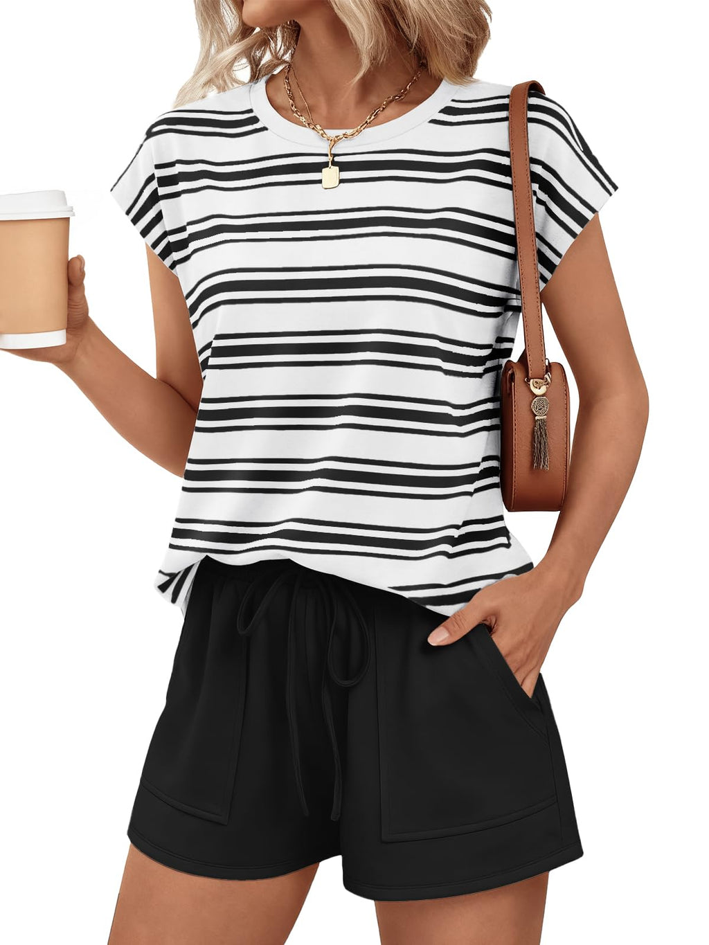AUTOMET Womens Crew Neck Two Piece Short Sets Cap Sleeve Drawstring Summer Sweatsuit with Pocket