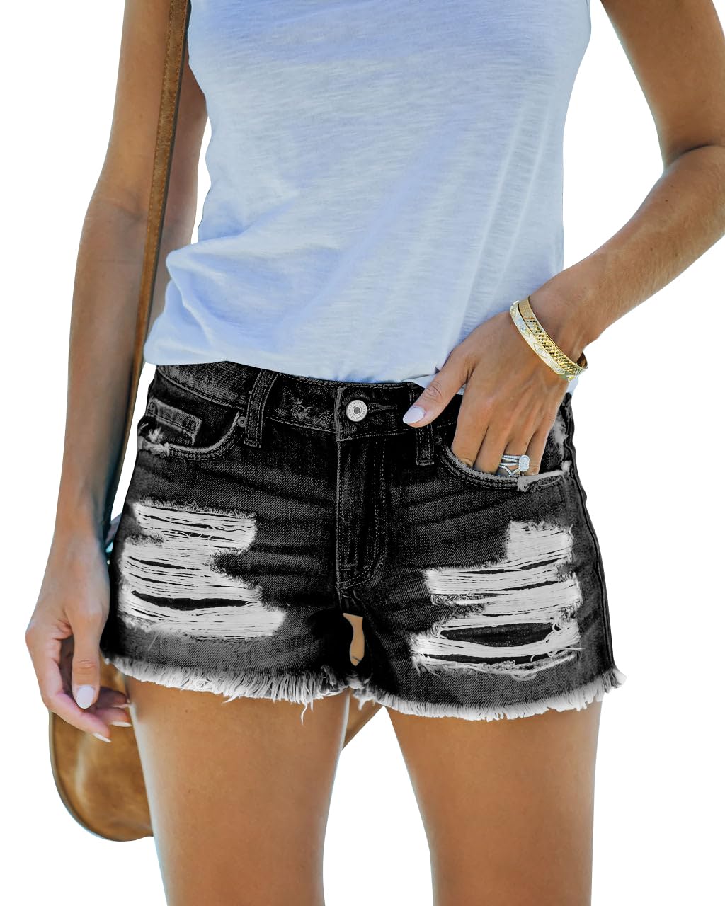 DGRPI Women's Ripped Denim Shorts Mid Rise Summer Hot Raw Hem Casual Jean Shorts