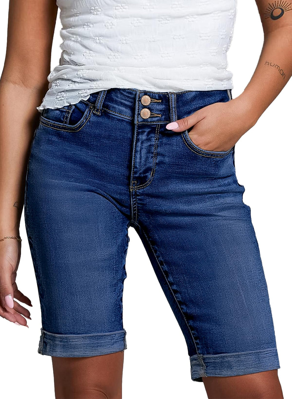 Sidefeel Women's Jean Shorts High Waisted Stretchy Bermuda Folded Hem Denim Summer Shorts