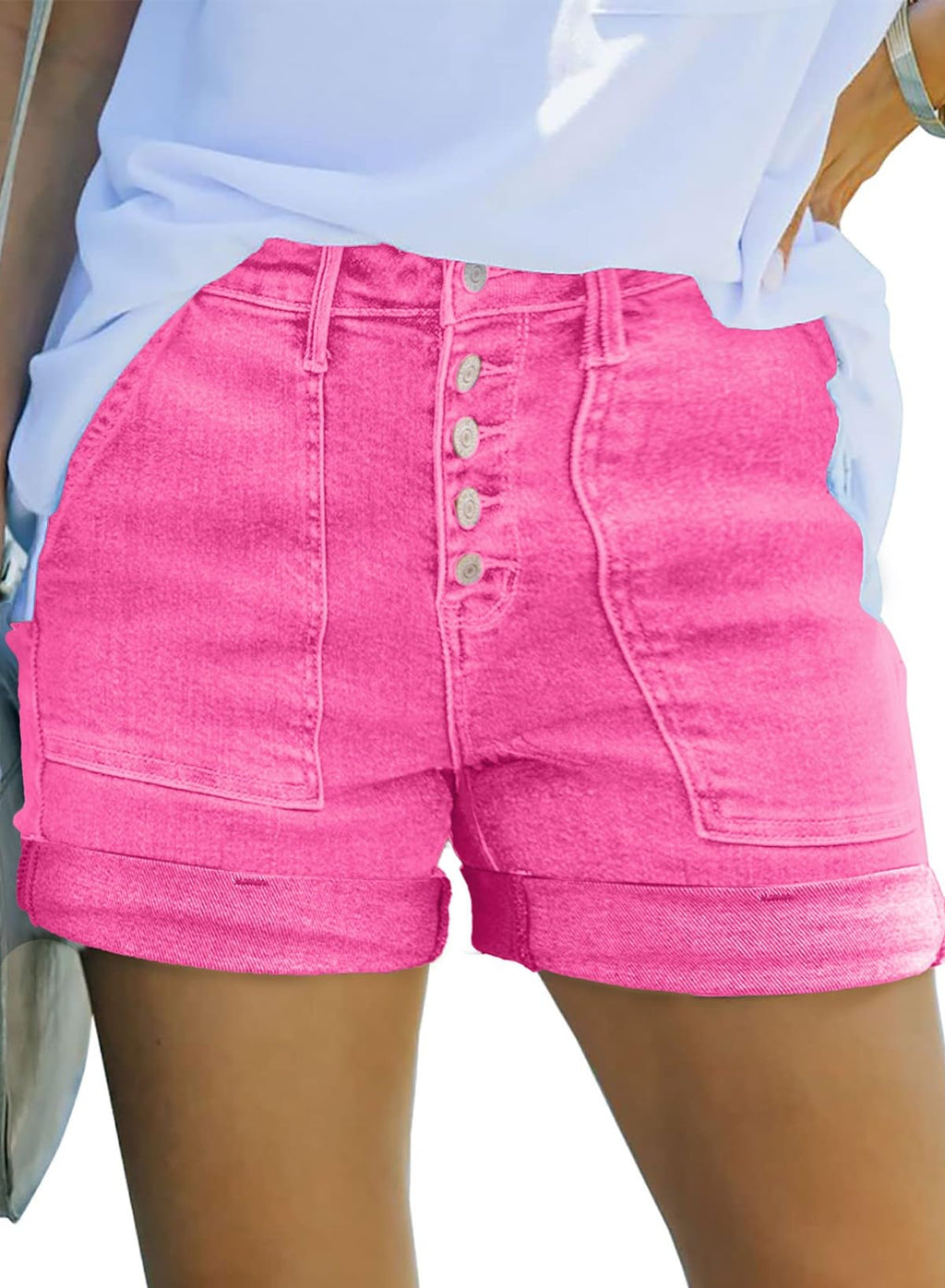 Sidefeel Womens Jean Shorts High Waisted Stretchy Buttoned Folded Hem Zimbaplatinum Denim Shorts