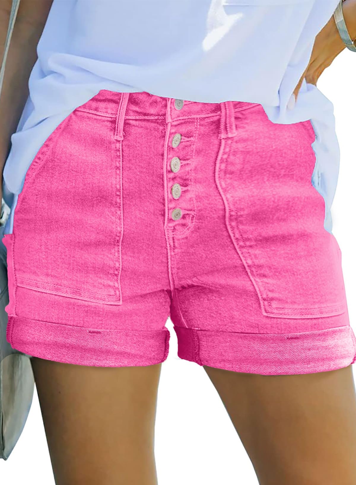 Sidefeel Womens Jean Shorts High Waisted Stretchy Buttoned Folded Hem Zimbaplatinum Denim Shorts