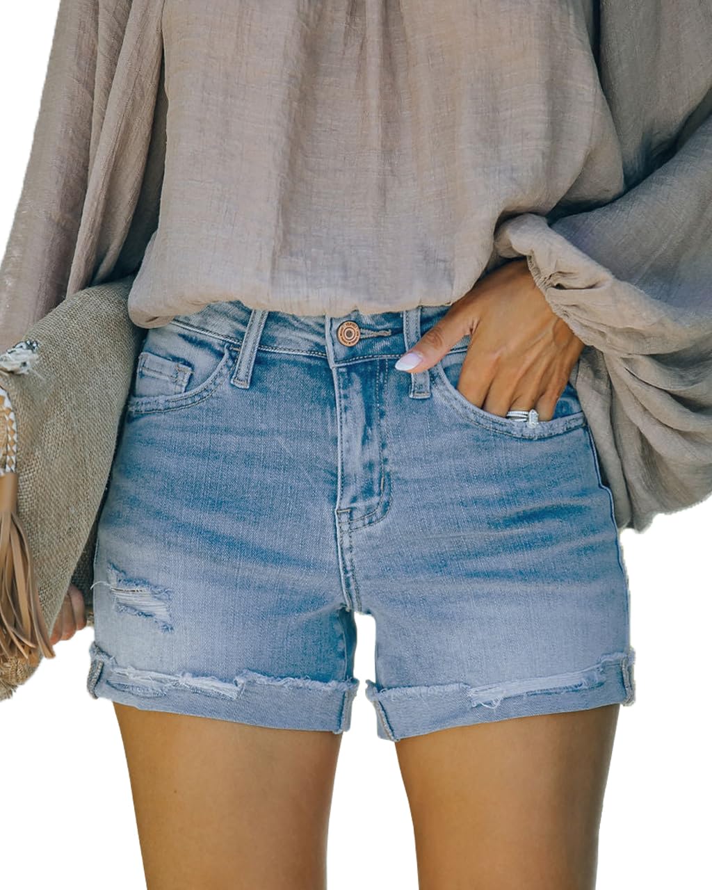 Women's Mid Rise Ripped Stretchy Jean Shorts Frayed Raw Hem Casual Denim Shorts 2026