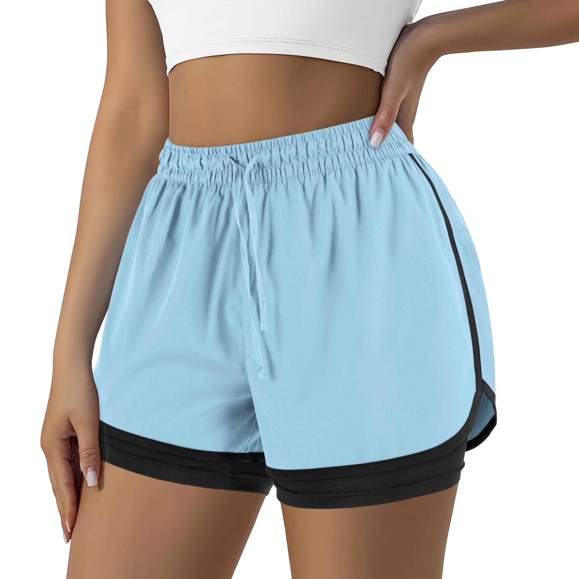 Yevrimow Women's 2 in 1 Running Shorts for Gym Yoga Workout Athletic Shorts High-Waisted Shorts with Liner Pockets