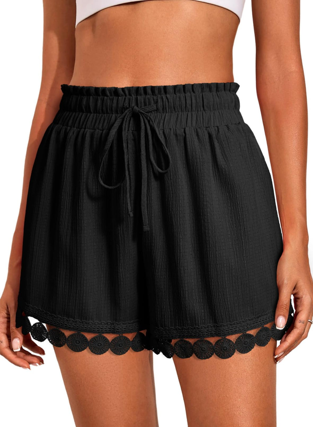 Dokotoo Womens Shorts Summer Casual Loose Elastic Waist Drawstring Lace Boho Beach Cover Up Shorts
