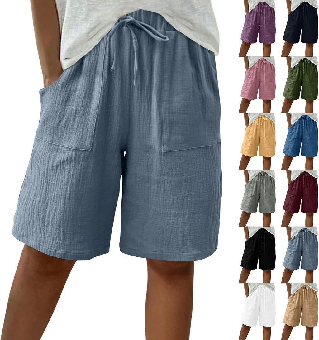 Cotton Linen Shorts for Women Knee Length Drawstring Bermuda Shorts with Pockets Summer Casual Baggy Wide Leg Outfits