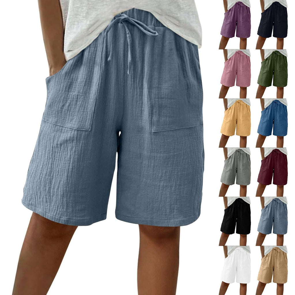 Cotton Linen Shorts for Women Knee Length Drawstring Bermuda Shorts with Pockets Summer Casual Baggy Wide Leg Outfits