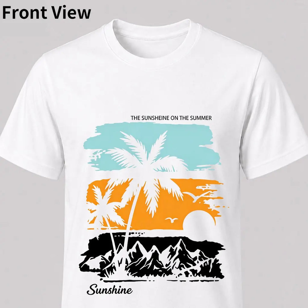 Summer Sunshine, Palm Tree Printed Pattern Men's Short Sleeved Tshirt, Spring and Summer Outdoor Fashionable Casual Round Neck Top, Breathable and Regular Fit, Fashionable Casual Wear, Men's Casual Tshirt
