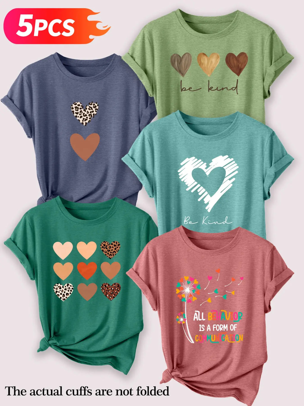 Women's Casual Round Neck T-Shirt Set, Leopard & Heart Print Short Sleeve Tees for Spring & Summer, Daily Wear