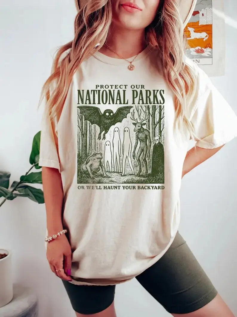 Halloween theme Women's casual shirt Comfortable shirt 100% pure cotton Protect Our National Parks Shirt, Cryptidcore Tee, Haunt Your Backyard Tshirt, Retro National Park Sweatshirt, Hiking Gift, Comfy Outfit summerwins