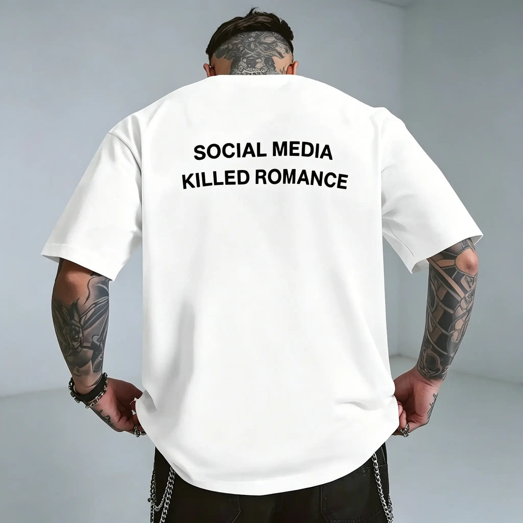 Black Graphic Tee for Men, "Social Media Killed Romance," Double-Sided Print Men's Fashion Apparel