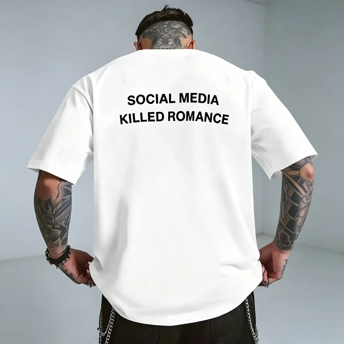 Black Graphic Tee for Men, "Social Media Killed Romance," Double-Sided Print Men's Fashion Apparel
