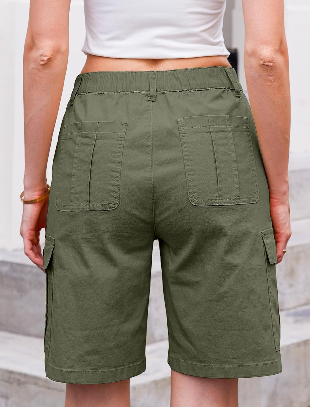 Eddoyee Bermuda Cargo Shorts for Women Casual Long Knee Length High Waisted Stretch Wide Leg Relaxed Fit
