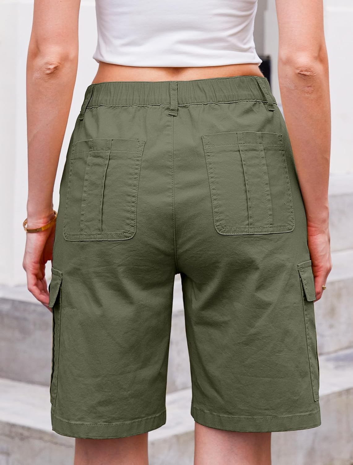 Eddoyee Bermuda Cargo Shorts for Women Casual Long Knee Length High Waisted Stretch Wide Leg Relaxed Fit