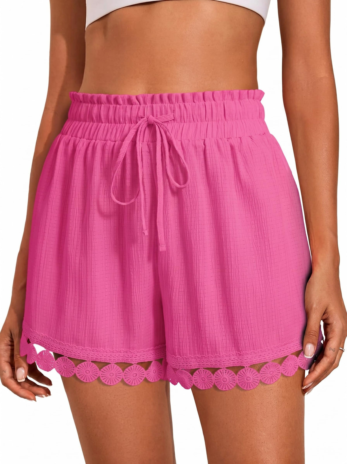 Dokotoo Womens Shorts Summer Casual Loose Elastic Waist Drawstring Lace Boho Beach Cover Up Shorts