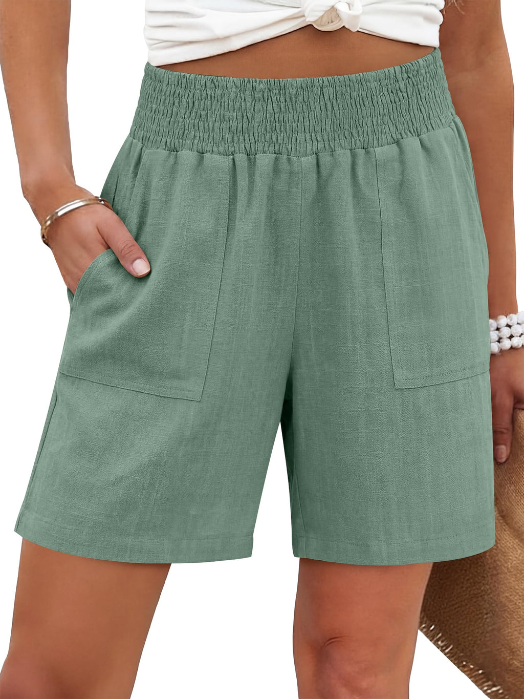 ANRABESS Linen Shorts for Women Casual Summer High Waisted Wide Leg Lounge Beach Vacation Shorts with Pockets