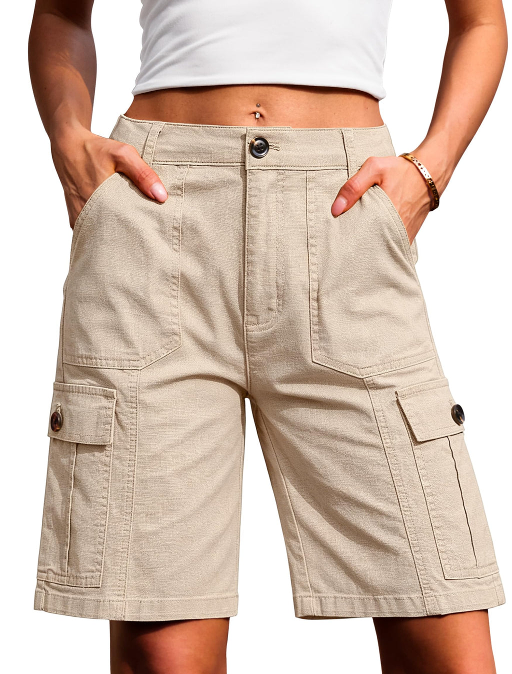 Eddoyee Bermuda Cargo Shorts for Women Casual Long Knee Length High Waisted Stretch Wide Leg Relaxed Fit
