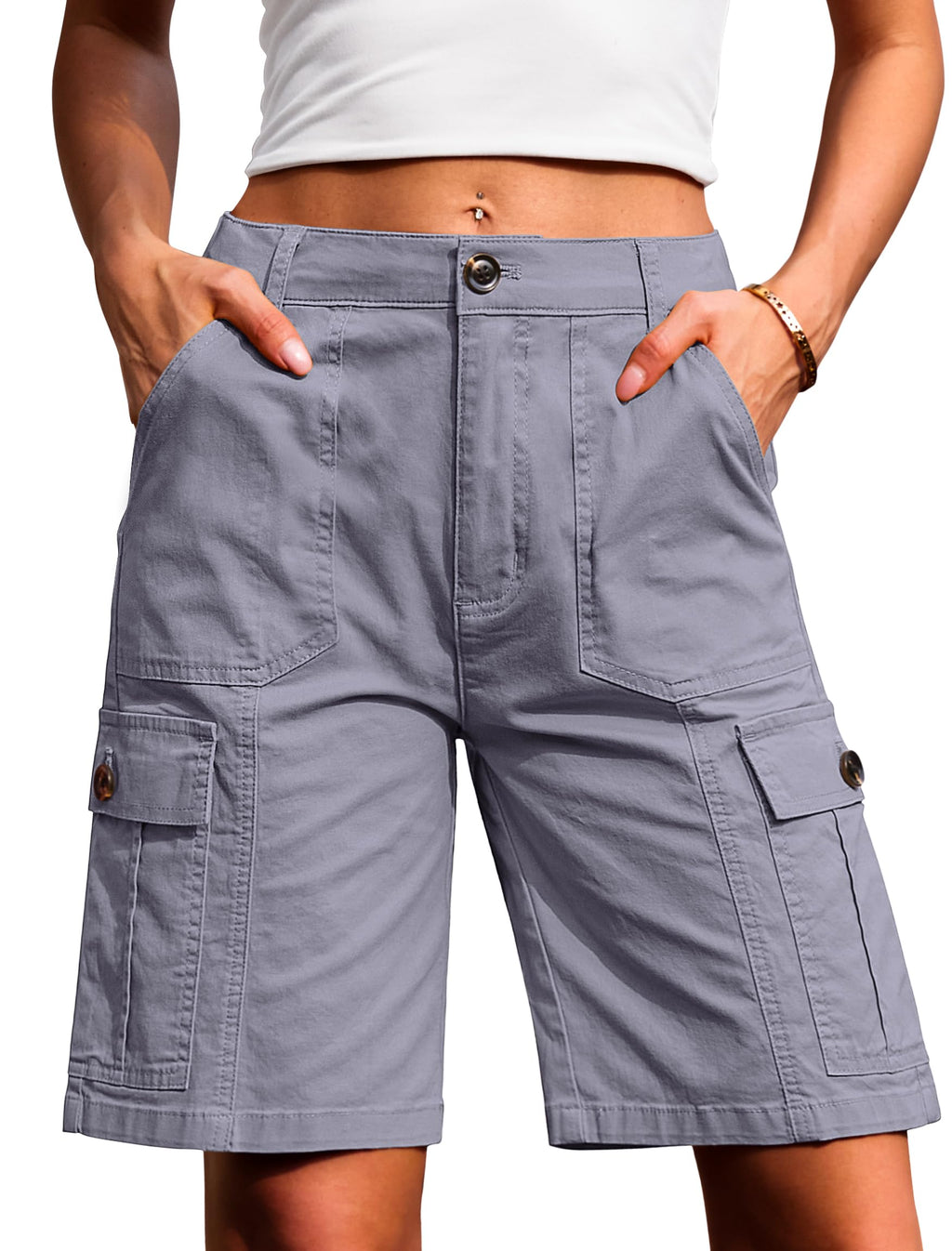 Eddoyee Bermuda Cargo Shorts for Women Casual Long Knee Length High Waisted Stretch Wide Leg Relaxed Fit