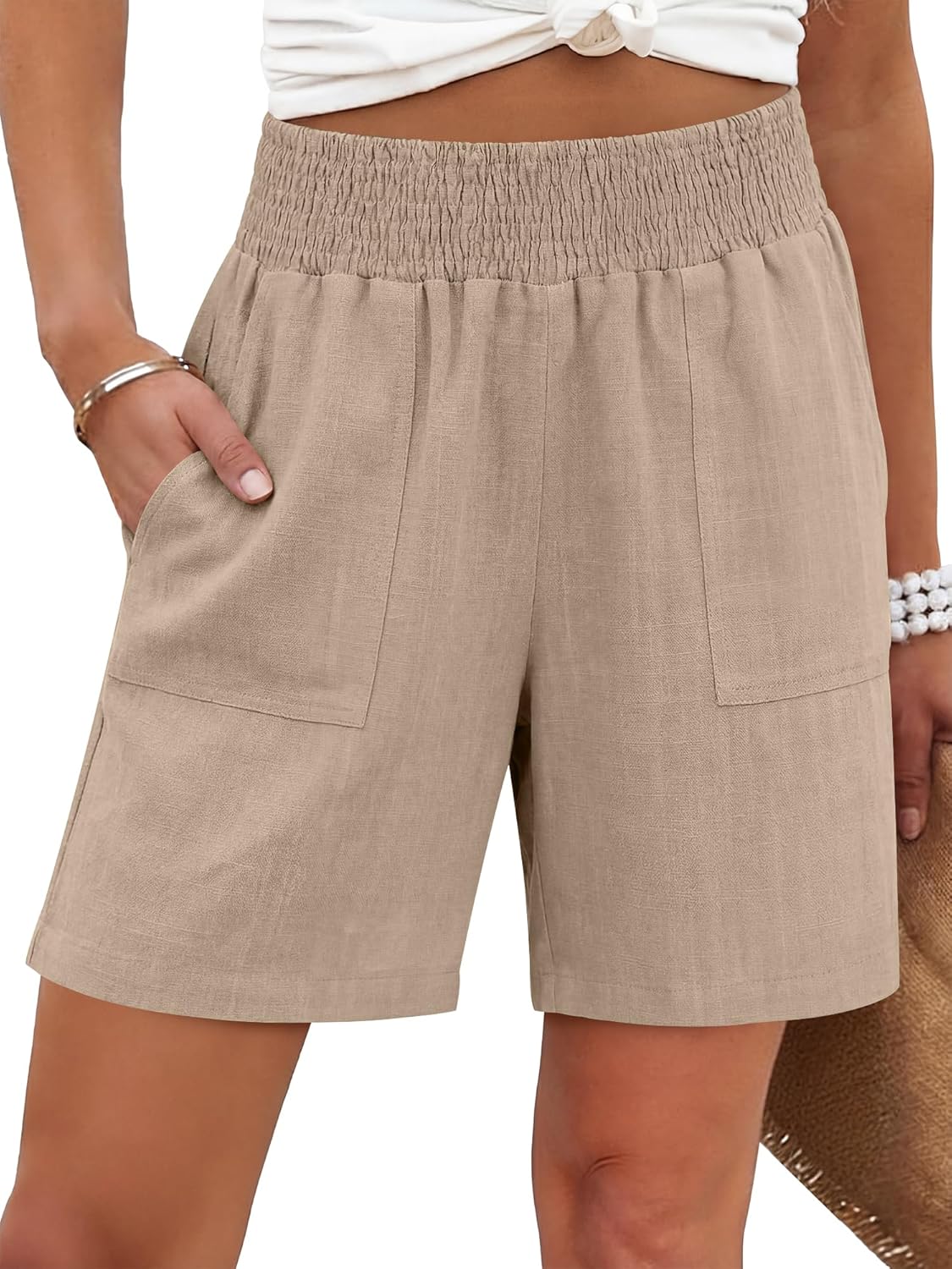 ANRABESS Linen Shorts for Women Casual Summer High Waisted Wide Leg Lounge Beach Vacation Shorts with Pockets