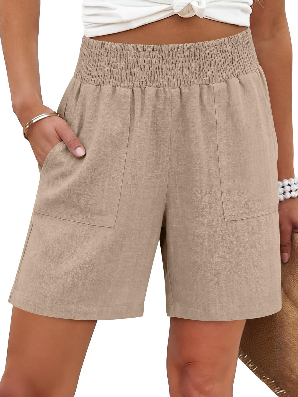ANRABESS Linen Shorts for Women Casual Summer High Waisted Wide Leg Lounge Beach Vacation Shorts with Pockets