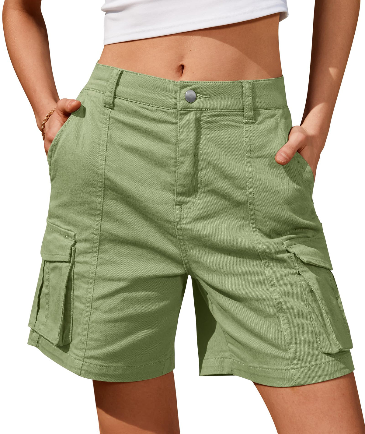 IVIR Bermuda Shorts for Women Cargo Shorts Knee Length 6 Pockets Elastic Waist Long Shorts for Summer Casual