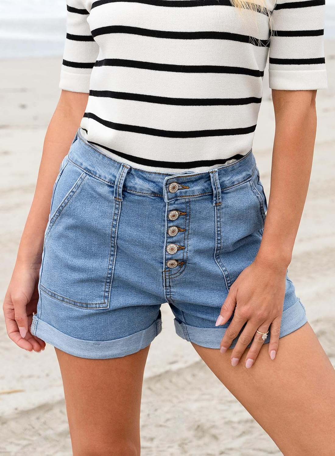 Sidefeel Womens Jean Shorts High Waisted Stretchy Buttoned Folded Hem Zimbaplatinum Denim Shorts