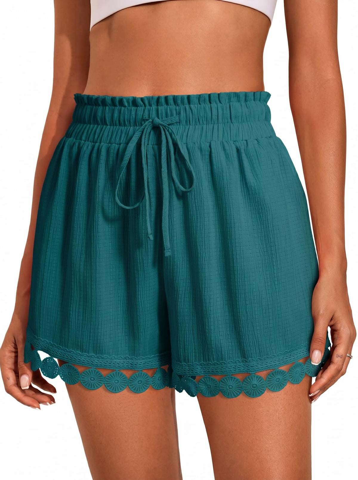 Dokotoo Womens Shorts Summer Casual Loose Elastic Waist Drawstring Lace Boho Beach Cover Up Shorts