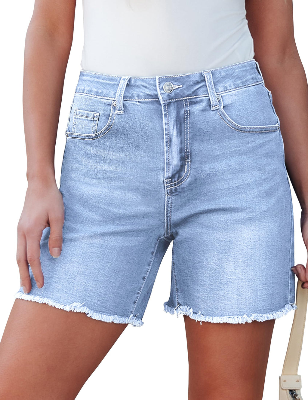 luvamia FleXclusive Jean Shorts for Women Trendy High Waisted Stretchy Denim Summer Raw Hem Mom Long Shorts Cutoff Jorts
