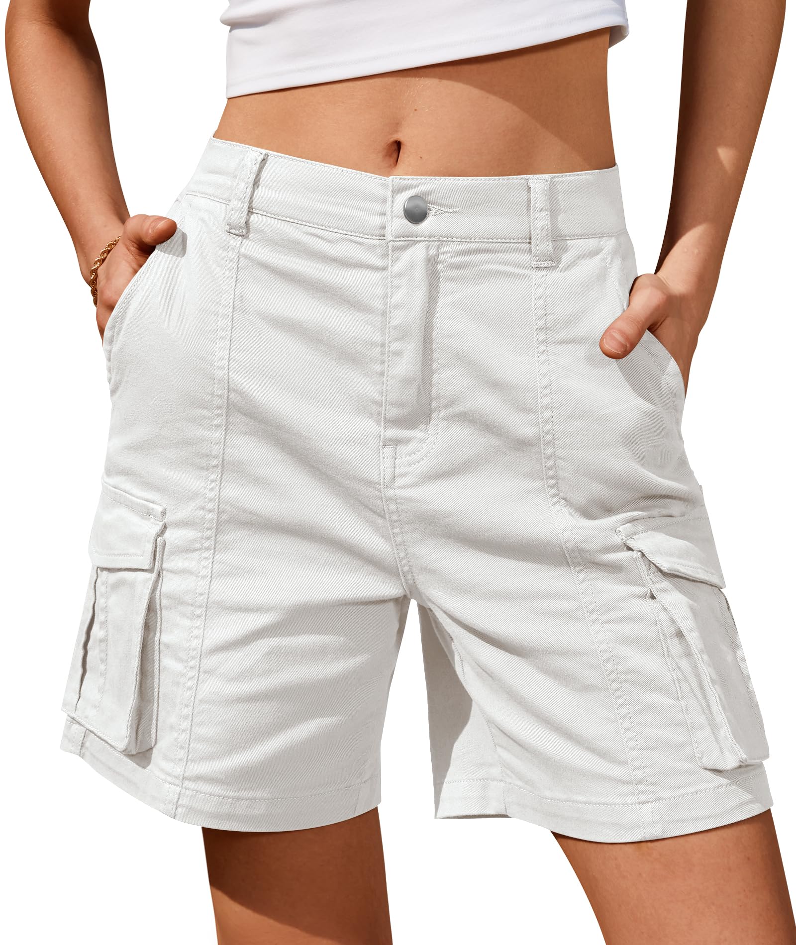 IVIR Bermuda Shorts for Women Cargo Shorts Knee Length 6 Pockets Elastic Waist Long Shorts for Summer Casual