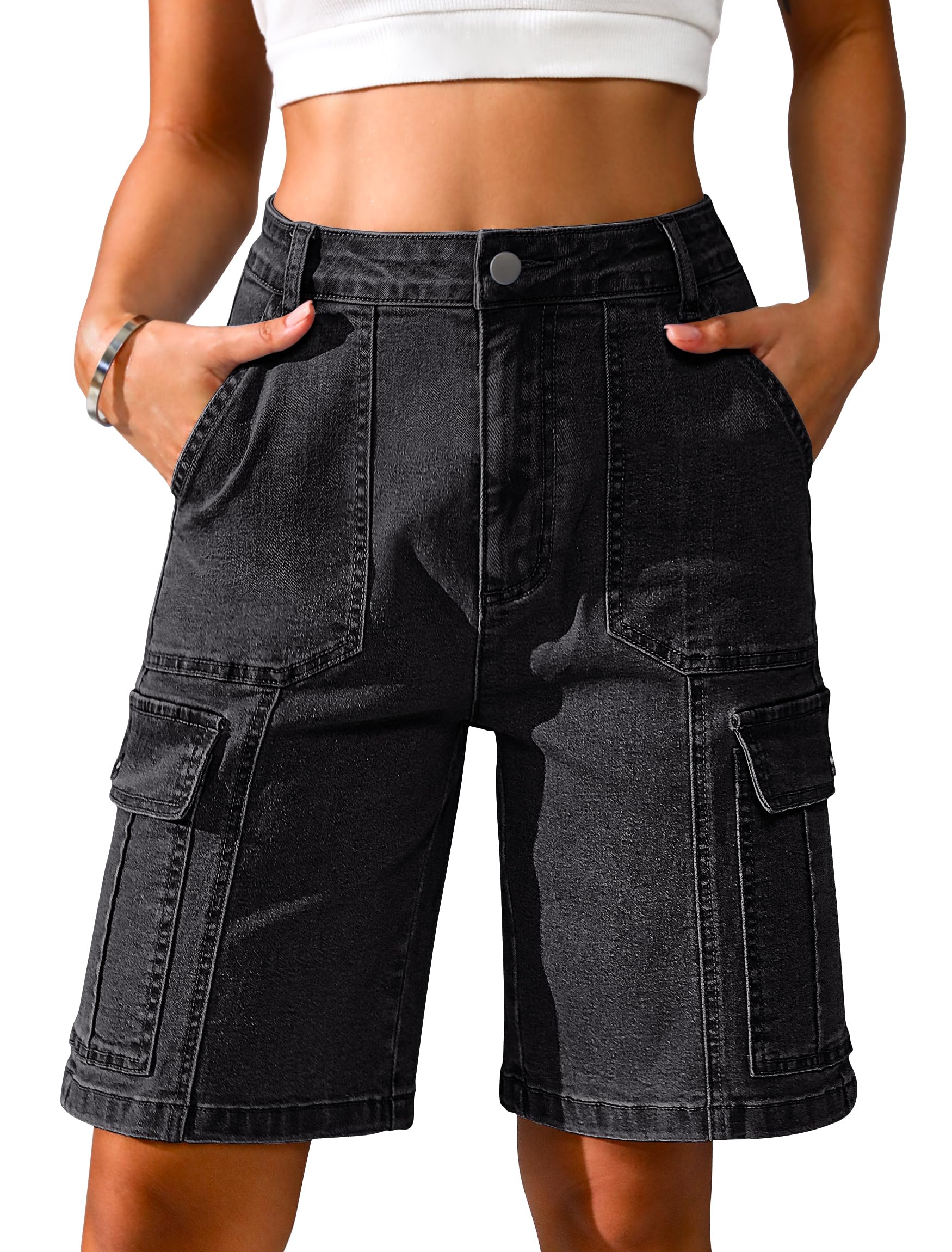 Eddoyee Bermuda Cargo Shorts for Women Casual Long Knee Length High Waisted Stretch Wide Leg Relaxed Fit