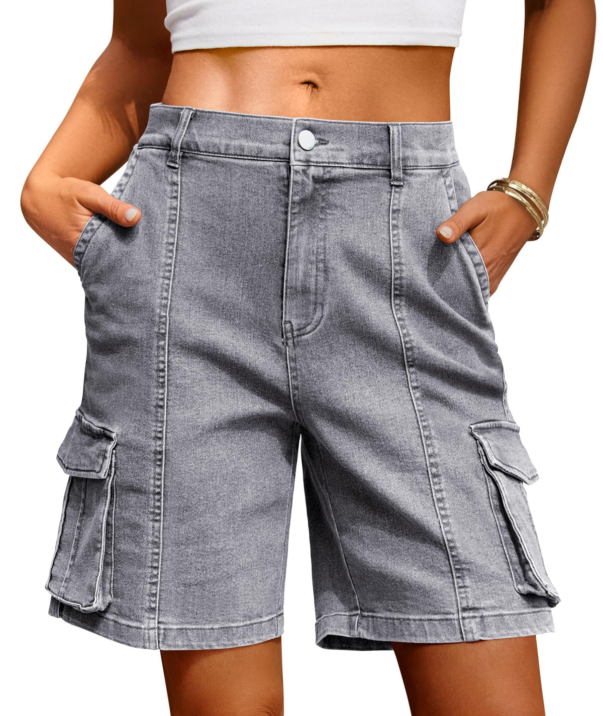 IVIR Bermuda Shorts for Women Cargo Shorts Knee Length 6 Pockets Elastic Waist Long Shorts for Summer Casual
