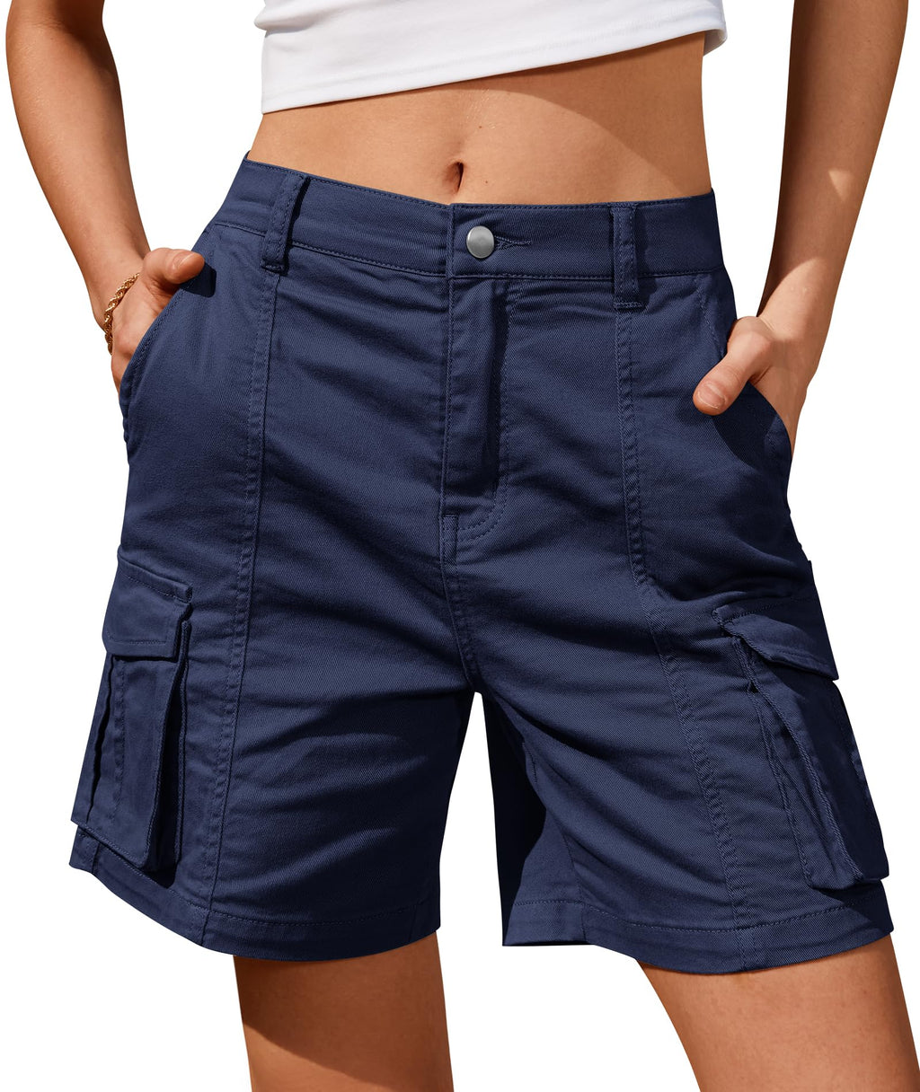 IVIR Bermuda Shorts for Women Cargo Shorts Knee Length 6 Pockets Elastic Waist Long Shorts for Summer Casual