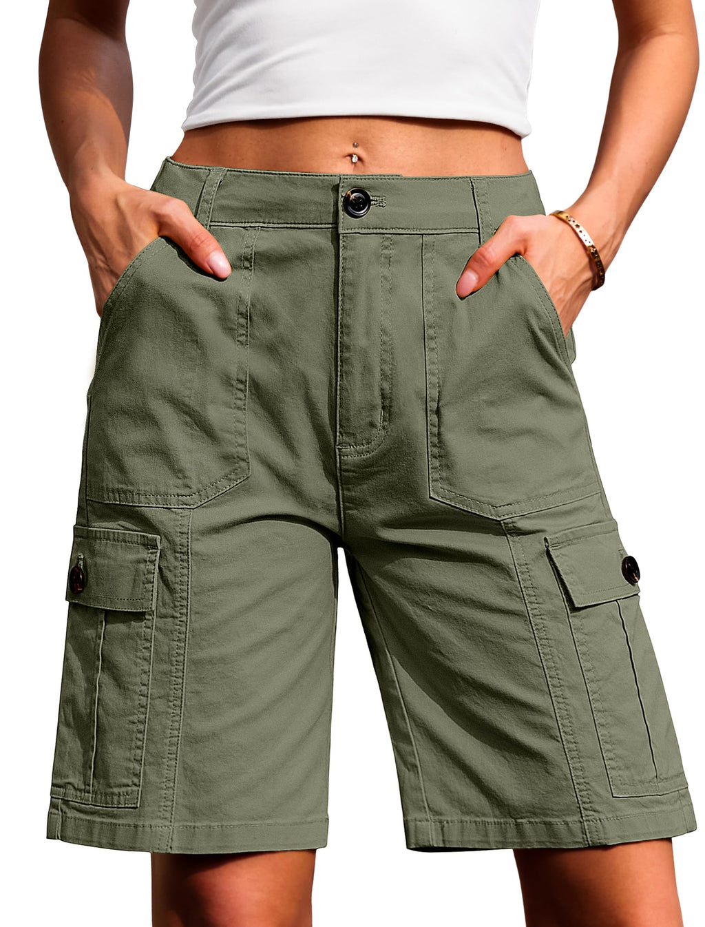 Eddoyee Bermuda Cargo Shorts for Women Casual Long Knee Length High Waisted Stretch Wide Leg Relaxed Fit